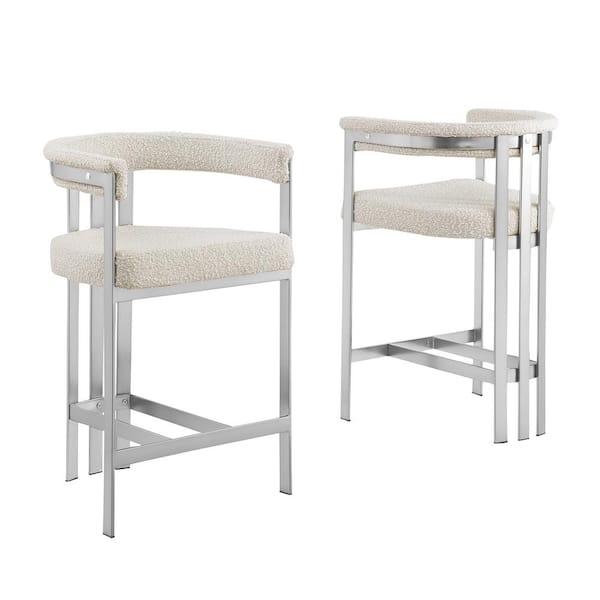 Best Quality Furniture Riley 30 in. Cream Color Low Back Metal Frame Matte Brushed Chrome Base Bar Stool With Boucle Fabric Set of 2 BS383 The Home Depot