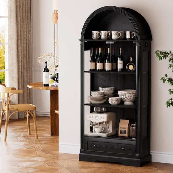 Modern Black 70.9 in. Arched Kitchen Storage Cabinet with Glass Doors, LED Light Strips and Drawers for Living room
