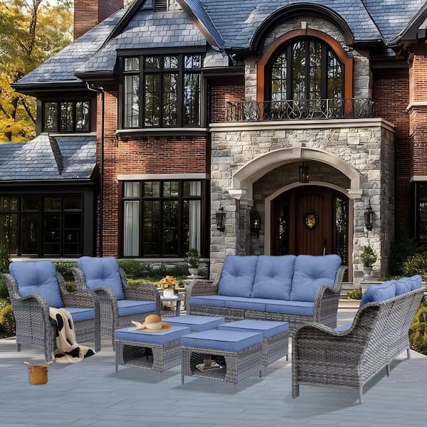 Gray 9-Piece Wicker Patio Furniture Set Outdoor Rattan 3-Seat Sofa Chair Ottomans and Side Table with Denim Blue Cushion