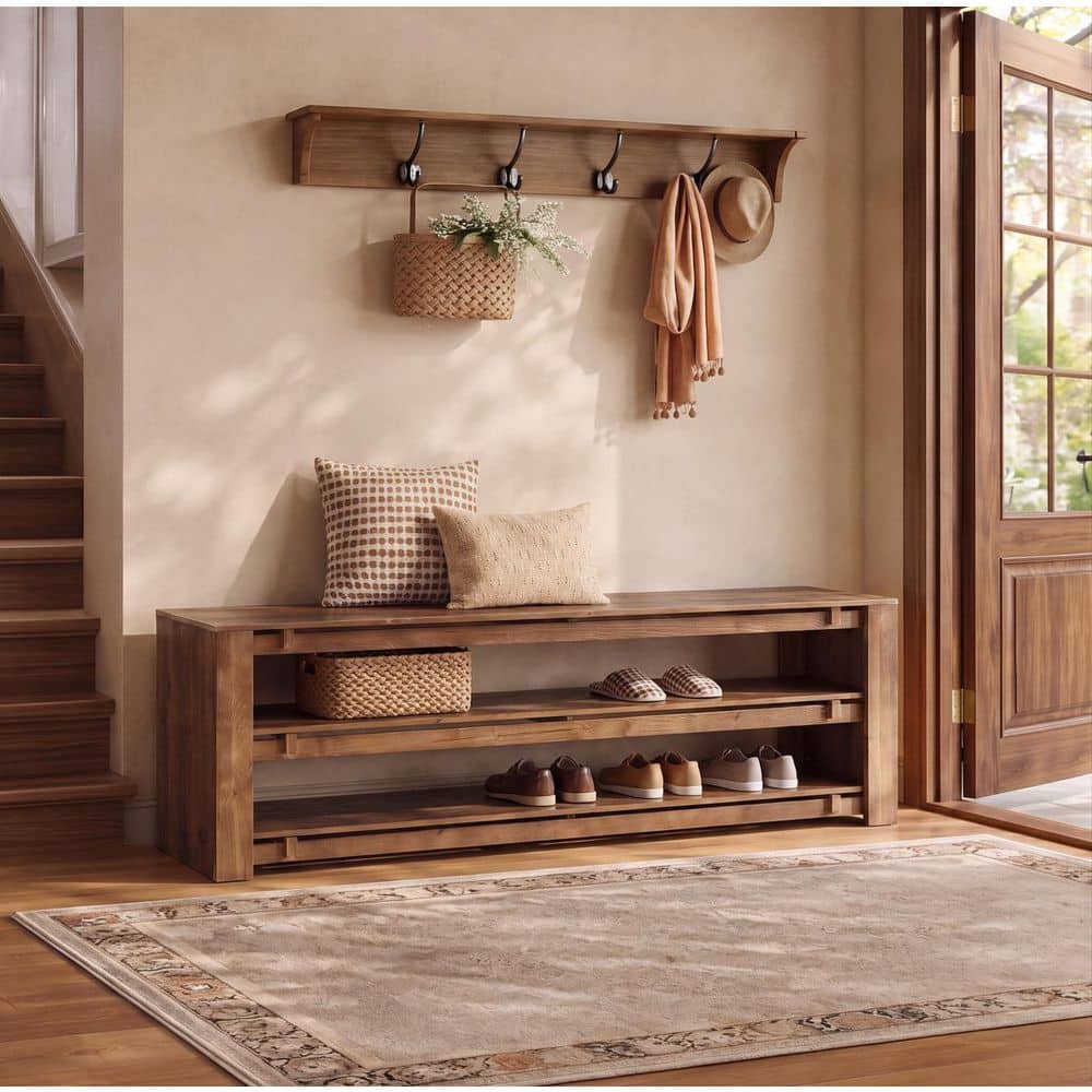 63 in. Vintage Brown Entryway Bench with Shoe Storage, 3-Tier Shoe Bench for Mudroom, Bedroom
