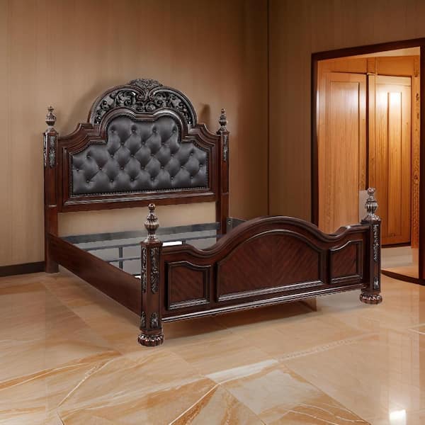 Benjara Amio Brown and Gray Wood Frame Queen Size Platform Bed with Button Tufted