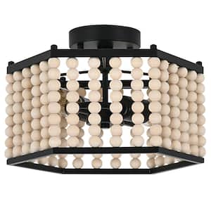 12.6 in. 2-Light Black Semi Flush Mount Hexagon Ceiling Light Fixture with Wood Bead and No Bulbs Included