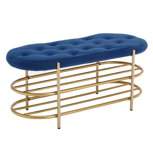 Unbranded Navy Blue Velvet Upholstered Bedroom Bench with 2-tier Shoe Shelf Space-Saving Button Tufted Shoe Changing Stool