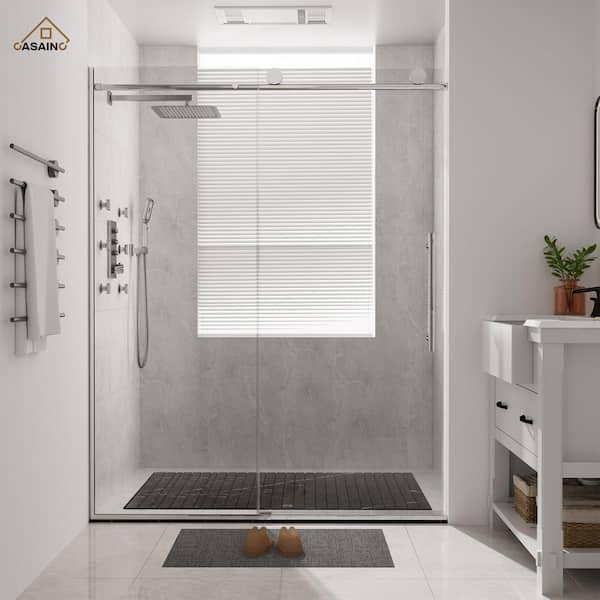 CASAINC 60 in. W x 76 in. H Sliding Frameless Shower Door in Chrome Finish with Soft-Closing Clear Laminted Glass