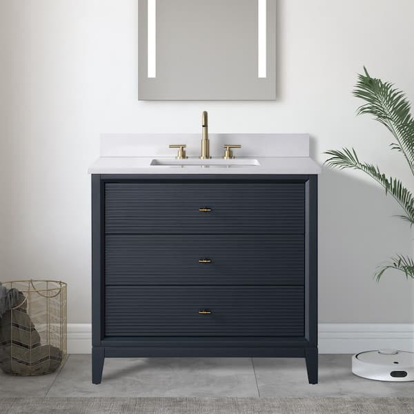 36 in. W x 34 in. H Single Sink Vintage Spruce Blue Bath Vanity Cabinet with Arabescato White Engineered Marble Top