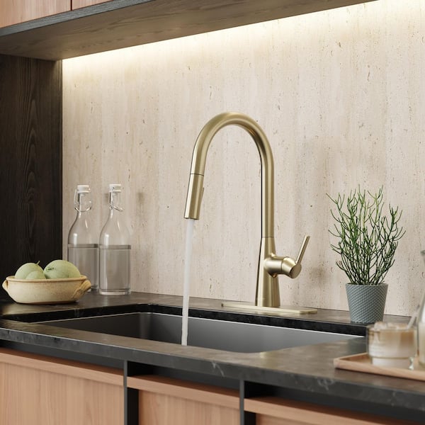 Modern Satin Brass 15.86 in. H Pull-Down Kitchen Faucet with 360° Swivel Spout