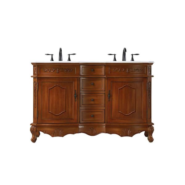 54 in. Double Sink Freestanding Teak Bath Vanity with Ivory White Engineered Marble Top