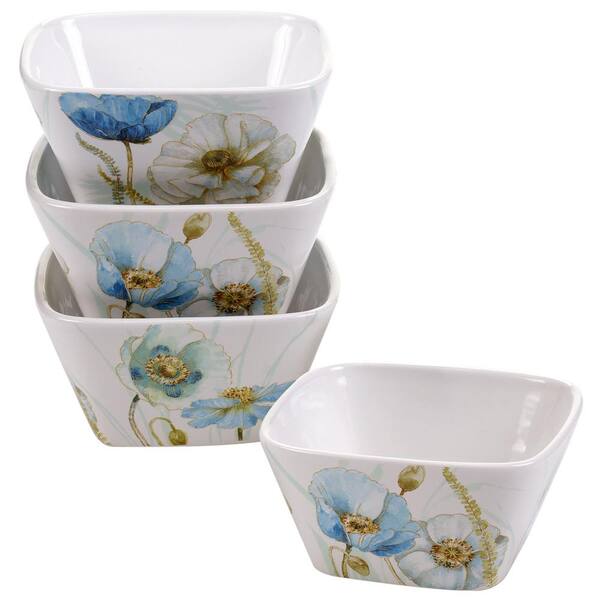 Certified International The Greenhouse Blue and Green Poppies Ice Cream and Cereal Bowl (Set of 4)