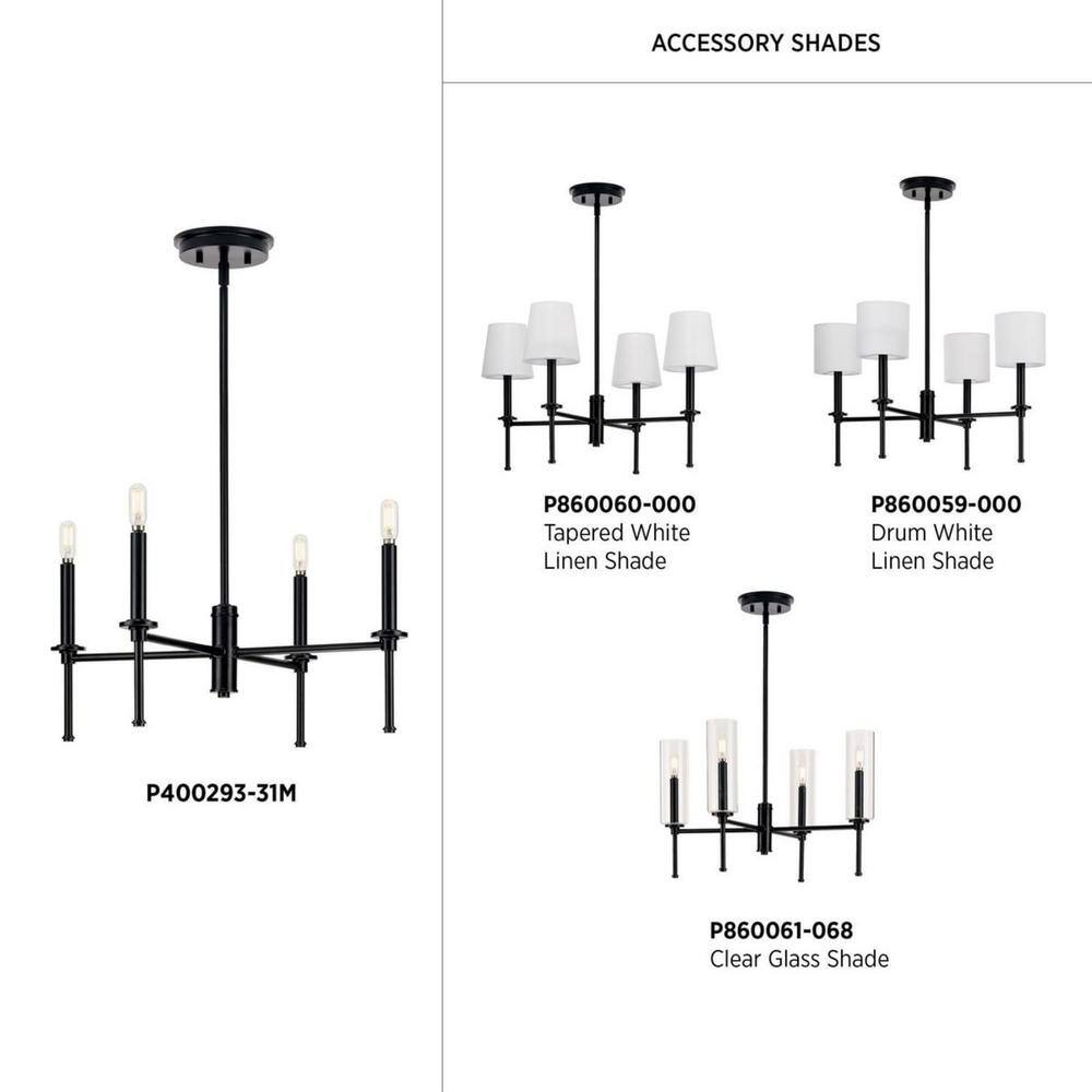 Elara Matte Black 4-Light Steel Chandelier with Clear Glass Shades