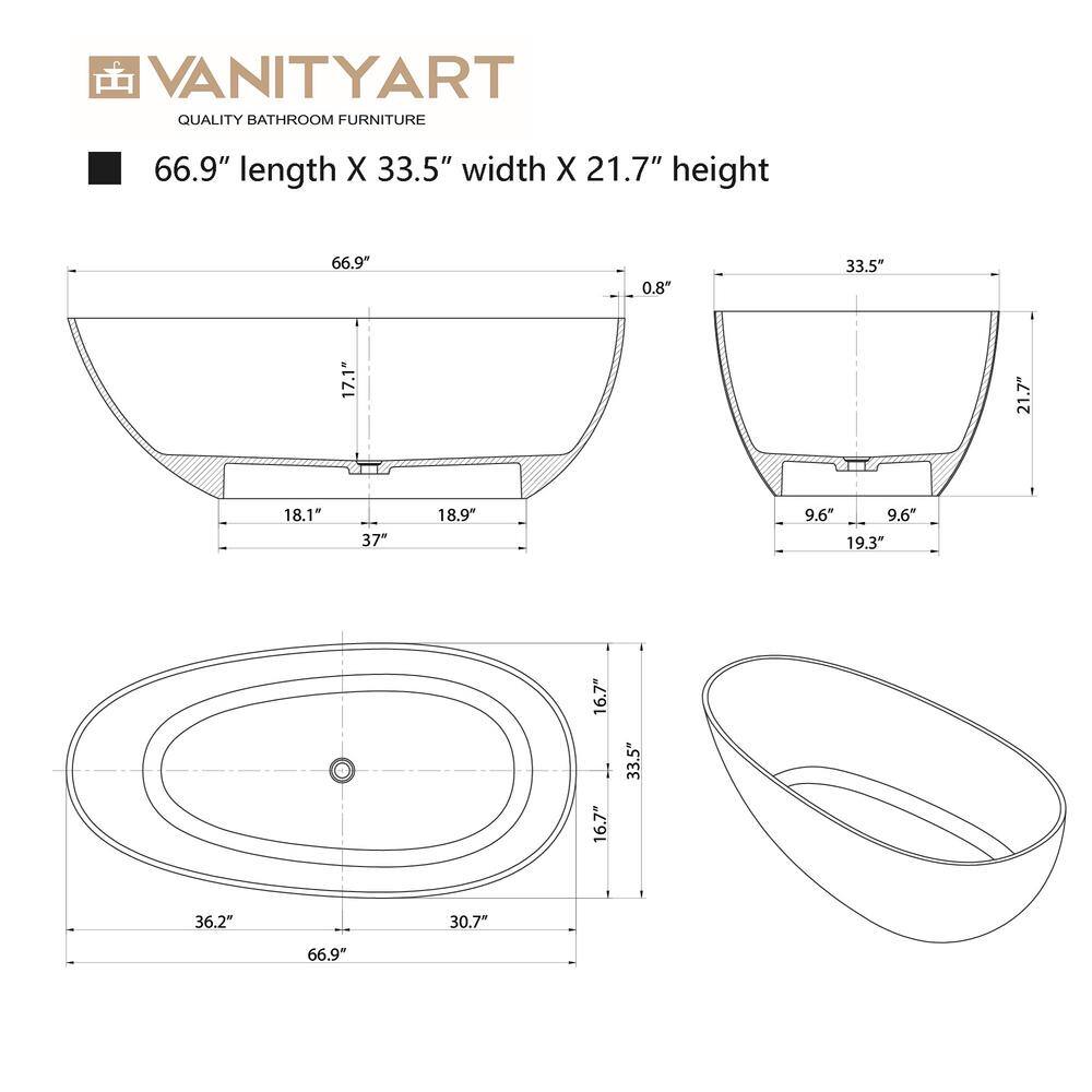67" Amber Stone Resin Freestanding Soaking Bathtub with Chrome Drain