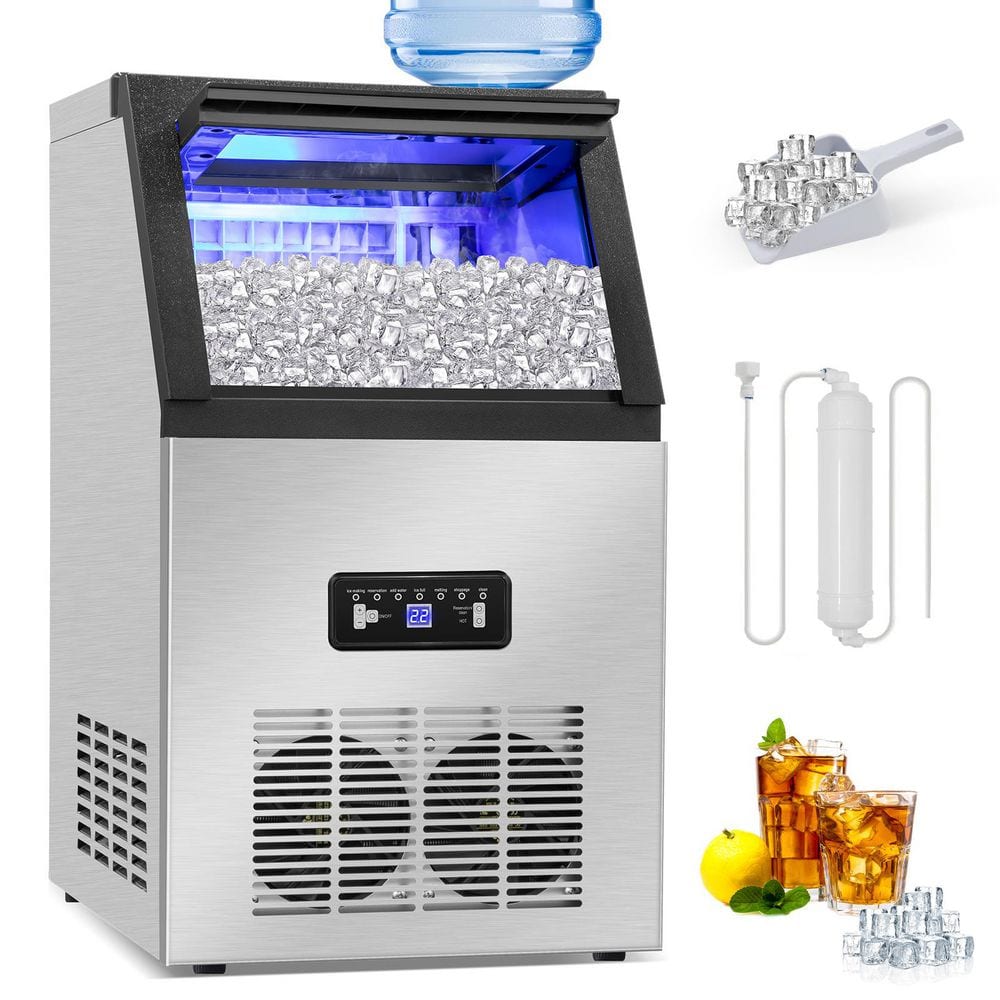 Gilati 16.93 in. 100lbs/24H Half Size Cube Commercial Freestanding Ice Maker with 35lbs Storage,2 Water inlet ,Stainless Steel