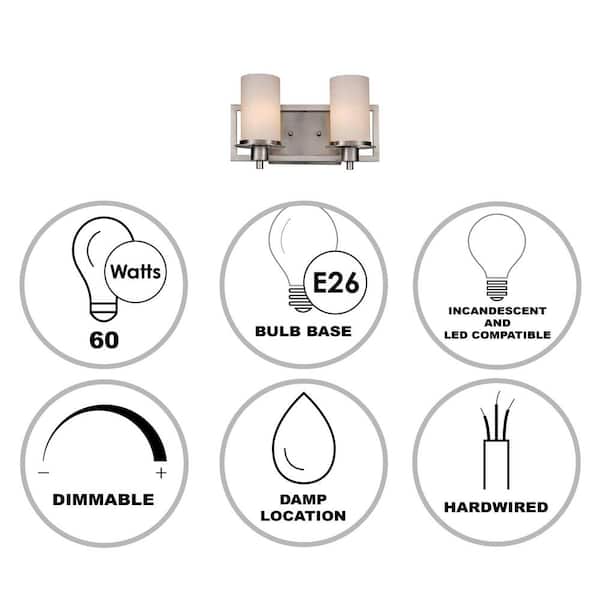 Odyssey 14.5 in. 2-Light Brushed Nickel Bathroom Vanity Light Fixture with Frosted Glass Shades