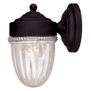 6.25 in. W x 8.5 in. H 1-Light Textured Black Outdoor Jelly Jar Wall Lantern Sconce with Clear Ribbed Glass