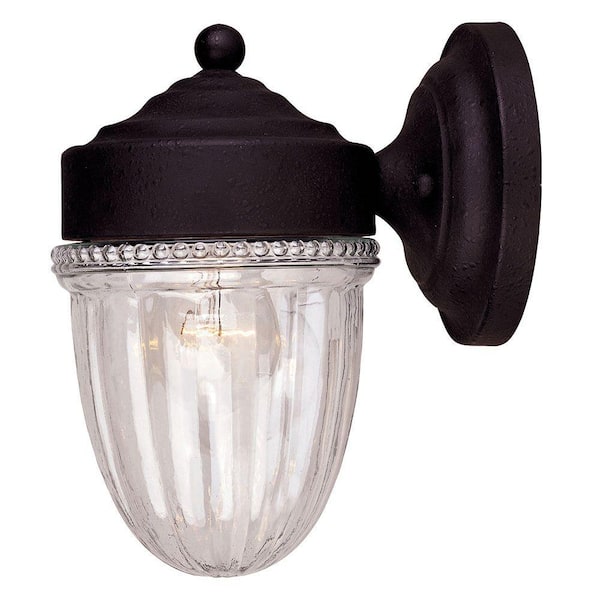 Savoy House 6.25 in. W x 8.5 in. H 1-Light Textured Black Outdoor Jelly Jar Wall Lantern Sconce with Clear Ribbed Glass