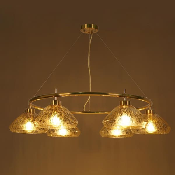Mid-century Modern 6-light Brass Chandelier for Dining Room, Wagon Wheel Chandelier with Barn Mercury Glass Shade