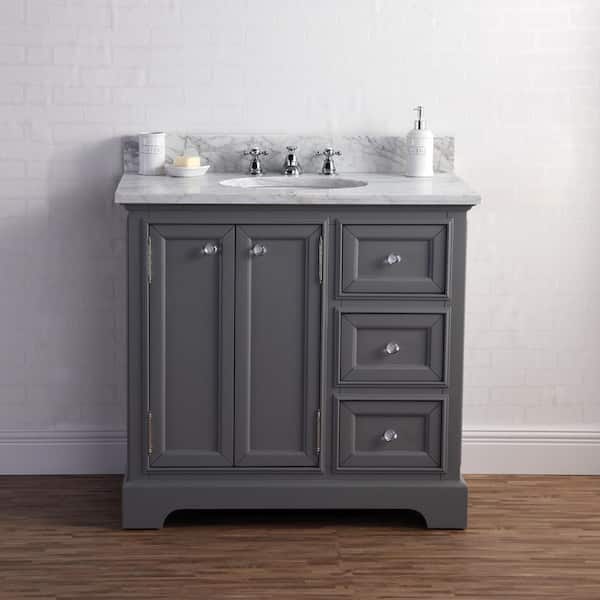 Water Creation Derby 36 in. W x 34 in. H Vanity in Gray with Marble Vanity Top in Carrara White with White Basin