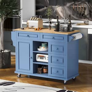 Blue Wooden 53 in. Rolling Mobile Kitchen Island Cart with Storage, Open Racks and 5-Drawers