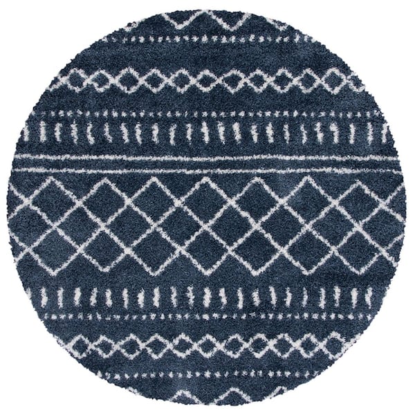 Arizona Shag Slate Blue/Ivory 5 ft. x 5 ft. Geometric Lodge Round Area Rug