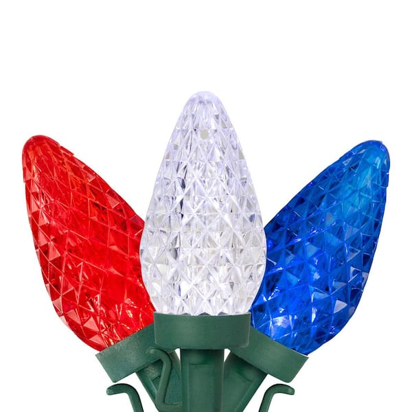 Patriotic LED C9 Faceted Christmas Lights-Red White and Blue-66 ft. Green Wire-100ct