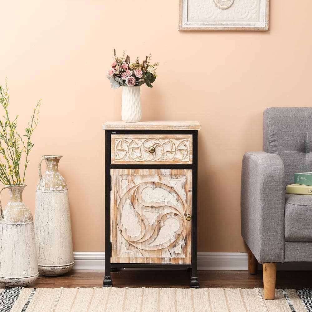 White Fir Wood and Black Iron Bohemian Nightstand with Storage