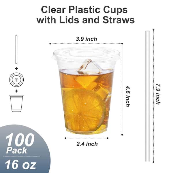 16 oz. Plastic Cups with Food Safe, Lids and Straws for Iced Coffee, Smoothies, and Cold Drinks, Clear (100-Pack)