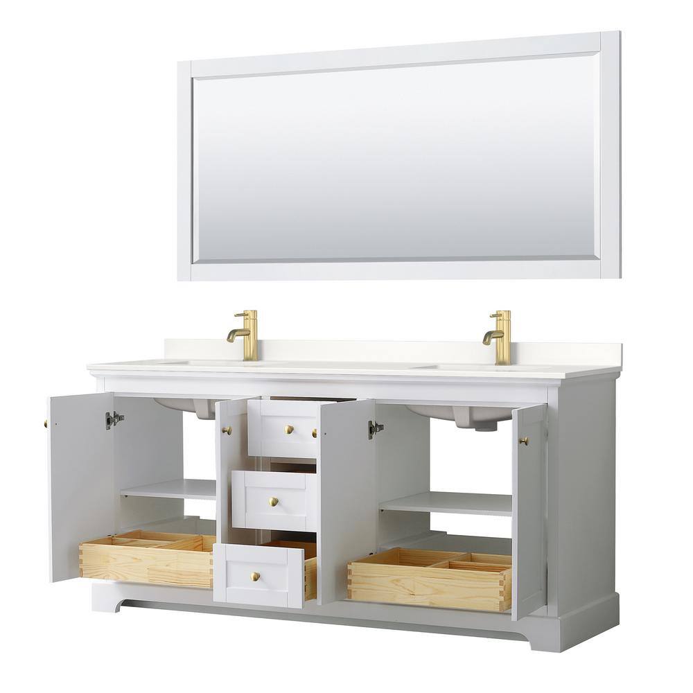 Avery 72-Inch White Double Vanity with Quartz Top and Gold Hardware