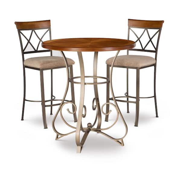 Masson 3-Piece Round Cherry/Bronze Wood Top Bar Pub Dining Room Set Seats 2