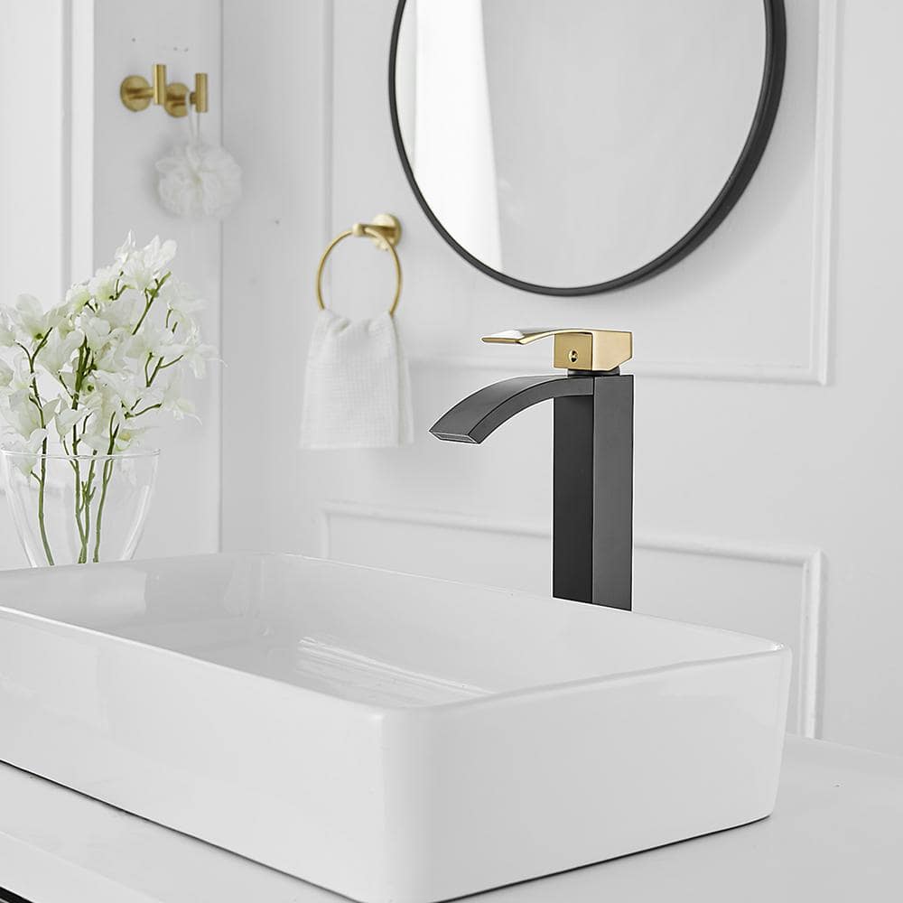 Gold and Black Waterfall Single Handle Vessel Sink Faucet