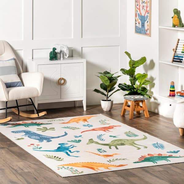Eamon Dinosaur Machine Washable Kids White Multi 5 ft. x 8 ft. Area Rug