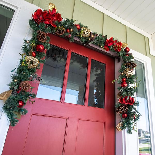 9 ft. Pre-Lit LED Red Magnolia Garland