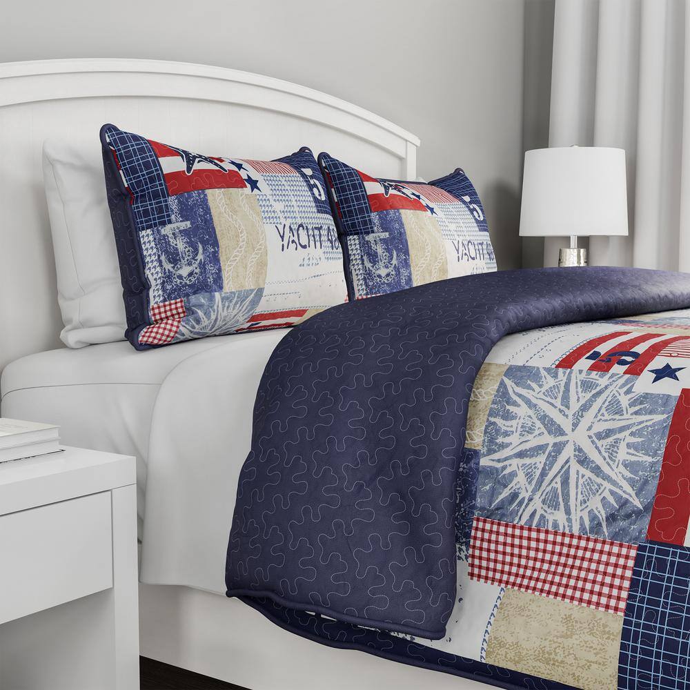 Twin White Microfiber Reversible Nautical Americana Bedspread Set