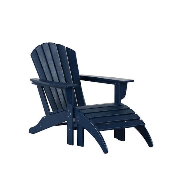 Mason Navy Blue 2-Piece Poly Plastic Outdoor Patio Classic Adirondack Fire Pit Chair With Ottoman Set