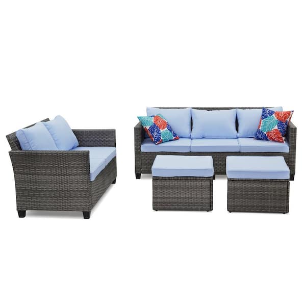 OVASTLKUY 7-Piece Outdoor Blue Wicker Rattan Sofa Conversation Set Patio Conversation with Removable Cushions