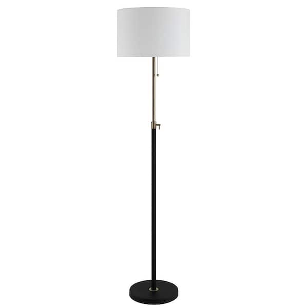 48.5-65-inch Adjustable H 1-Light Matte Black and Antique Brass Floor Lamp  with White Fabric Shade