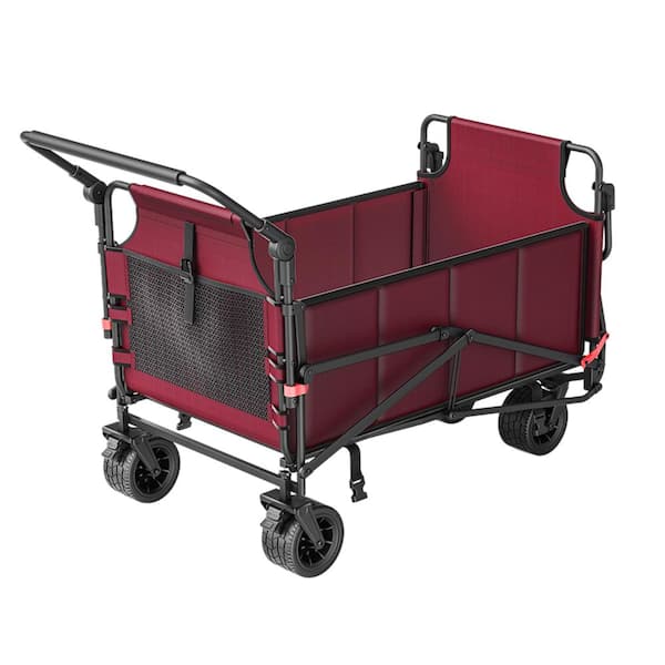 10.36 cu. ft. Steel Folding Garden Cart 650 lbs. Load 2-in-1 Wagon Cart with All-Terrain Wheels and Side Pocket, Red