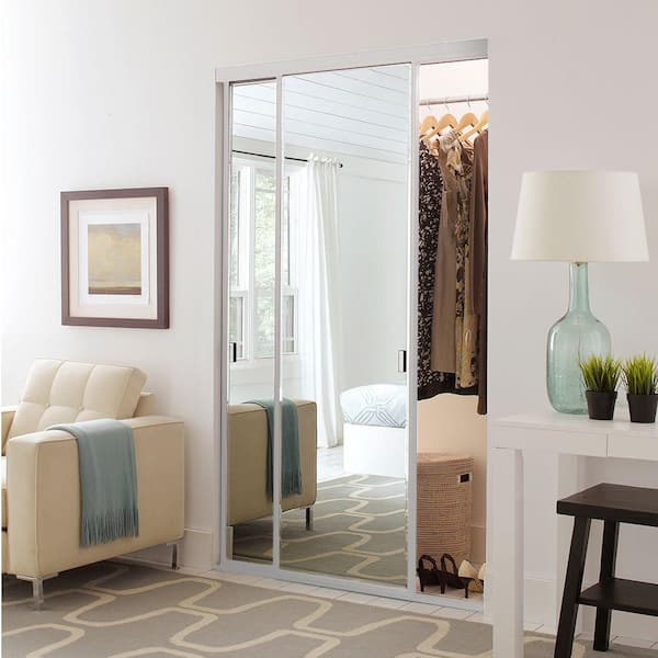 48 in. x 81 in. Aurora Brushed Nickel Aluminum Frame Mirrored Interior  Sliding Closet Door