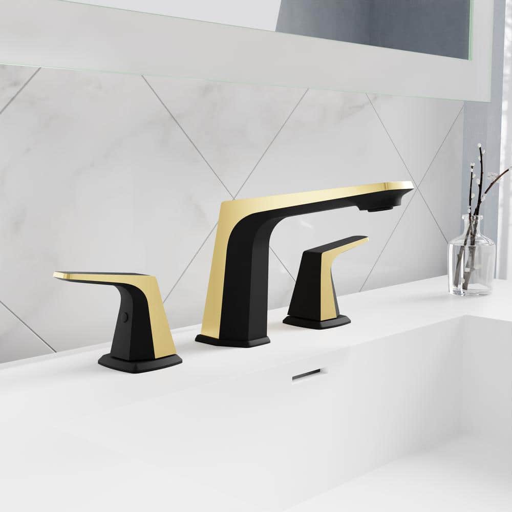 Matte Black and Brushed Gold Widespread Bathroom Faucet with Drain Assembly