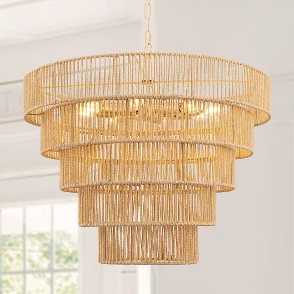 8-Light Farmhouse Antique Brass Finish Chandelier with 5-Tier Handwoven Rattan Shade For Kitchen, E12 No Bulbs Included