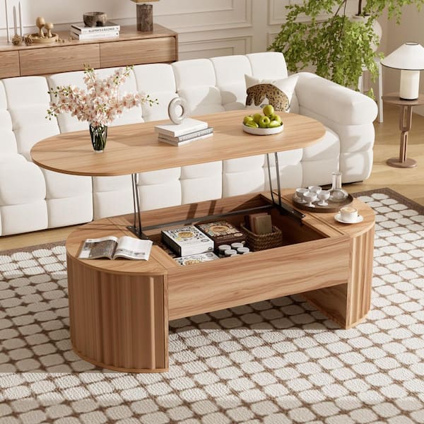 47.2 in. Light Brown Oval MDF Coffee Table with Lift Top and Hidden Compartment