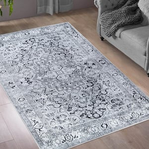 Elodi Charcoal 5 ft. 6 in. x 8 ft. 6 in. Geometric Floral Medallion Indoor Area Rug
