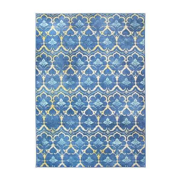 My Magic Carpet Leilani Damask Blue 5 ft. x 7 ft. Machine Washable Area Rug
