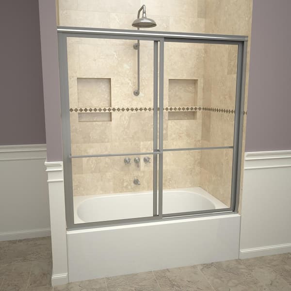 Redi Slide 1100 Series 59 in. W x 58-1/2 in. H Framed Sliding Tub Doors in Brushed Nickel with Towel Bars and Clear Glass