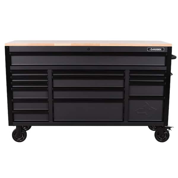 Heavy-Duty 61 in. W x 23 in. D 15-Drawer Matte Black Mobile Workbench Cabinet with Solid Wood Top
