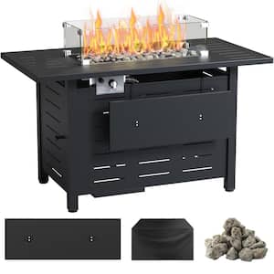 44 in. Outdoor Metal Rectangular Propane Gas Fire Pit Table with Glass Wind Guard and Water-Resistant Cover