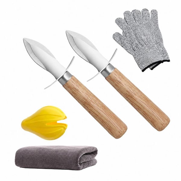 Cut Resistant Material Gloves Set with 3CR13 Stainless Steel Oyster Shucking Knife Wood Handle Seafood Kit