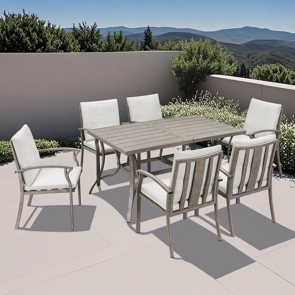 RUIZI AluLux 7-Piece White Oak Aluminum Outdoor Dining Set with Rectangular Table and Beige Cushions