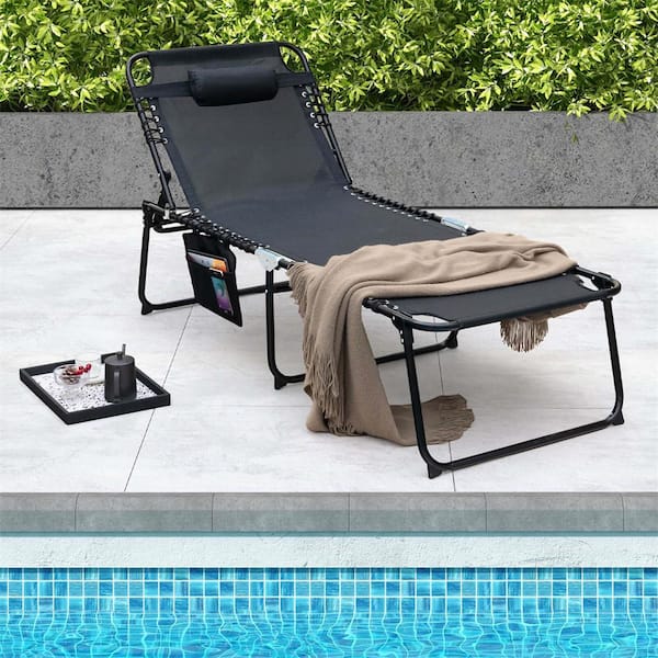 1-piece Black Polyester Oversize Folding Chaise Lounge