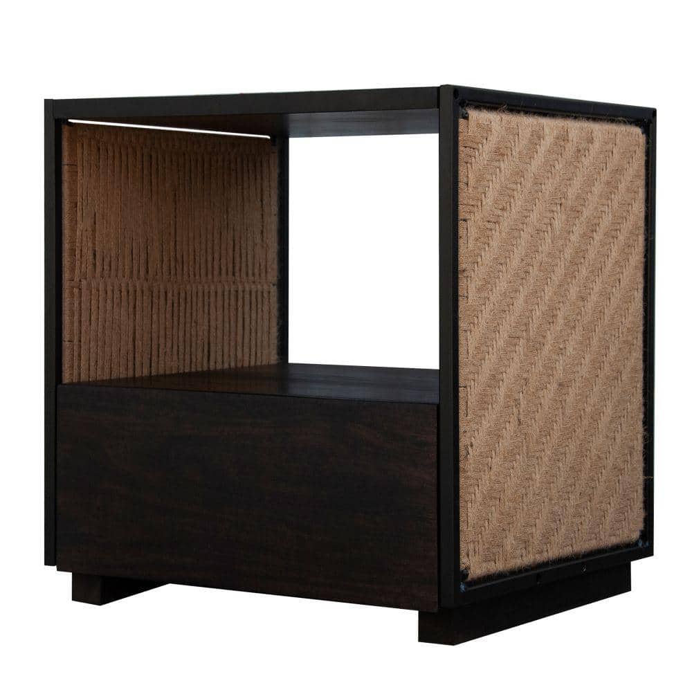 Cottage Charm Acacia Wood & Woven Jute Nightstand - Brown/Black