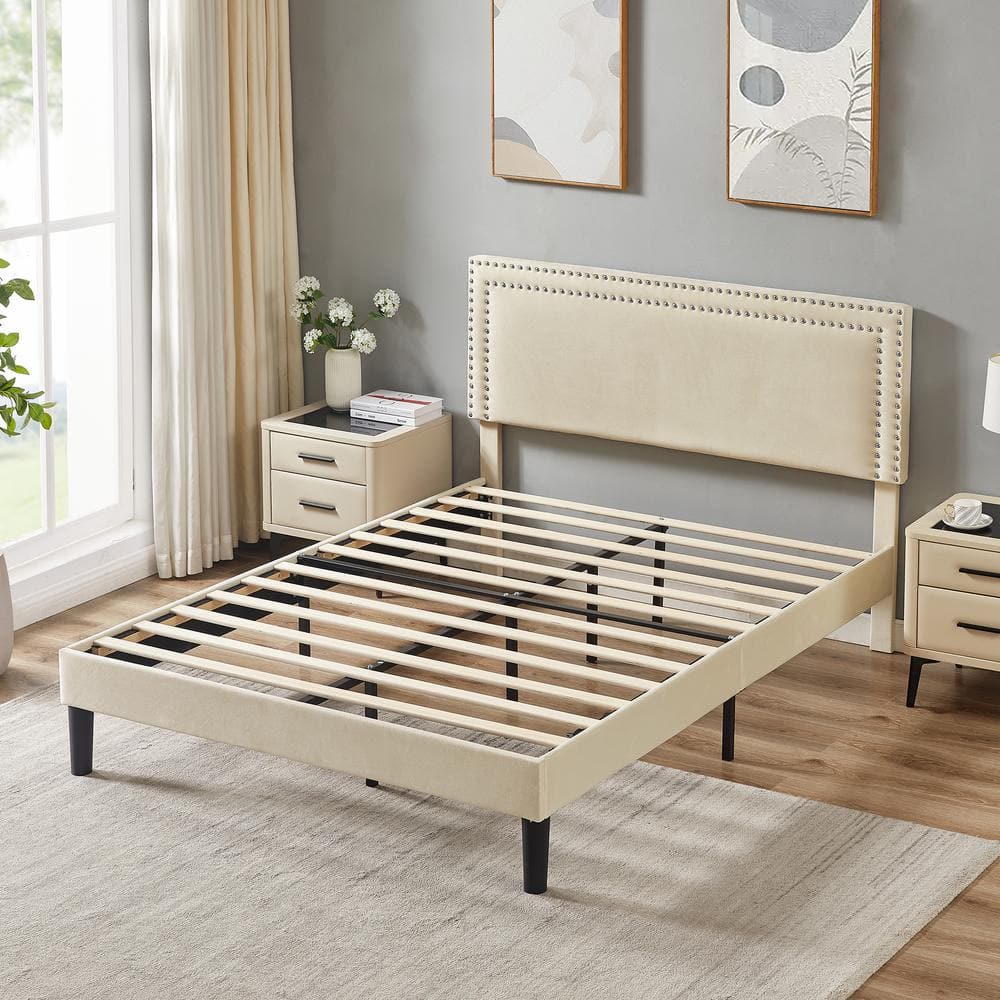 Beige Velvet Upholstered Queen Platform Bed with Tufted Headboard