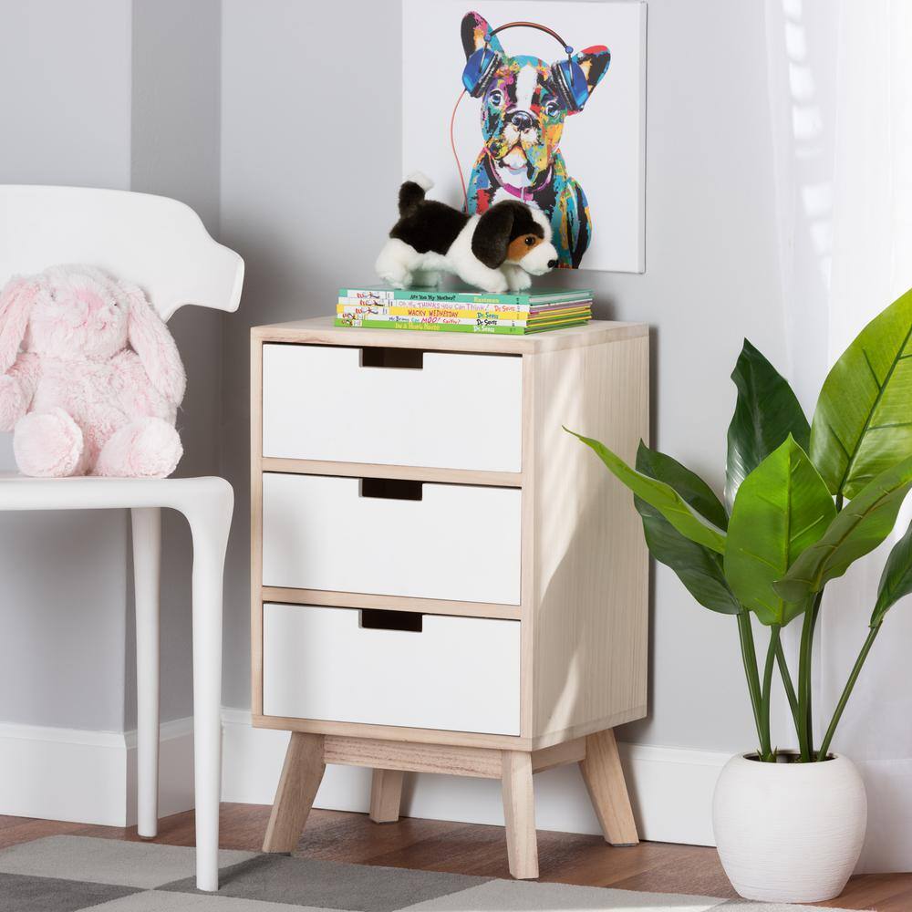 Halian Two-Tone White and Light Brown 3-Drawer Chest with Graduated Legs
